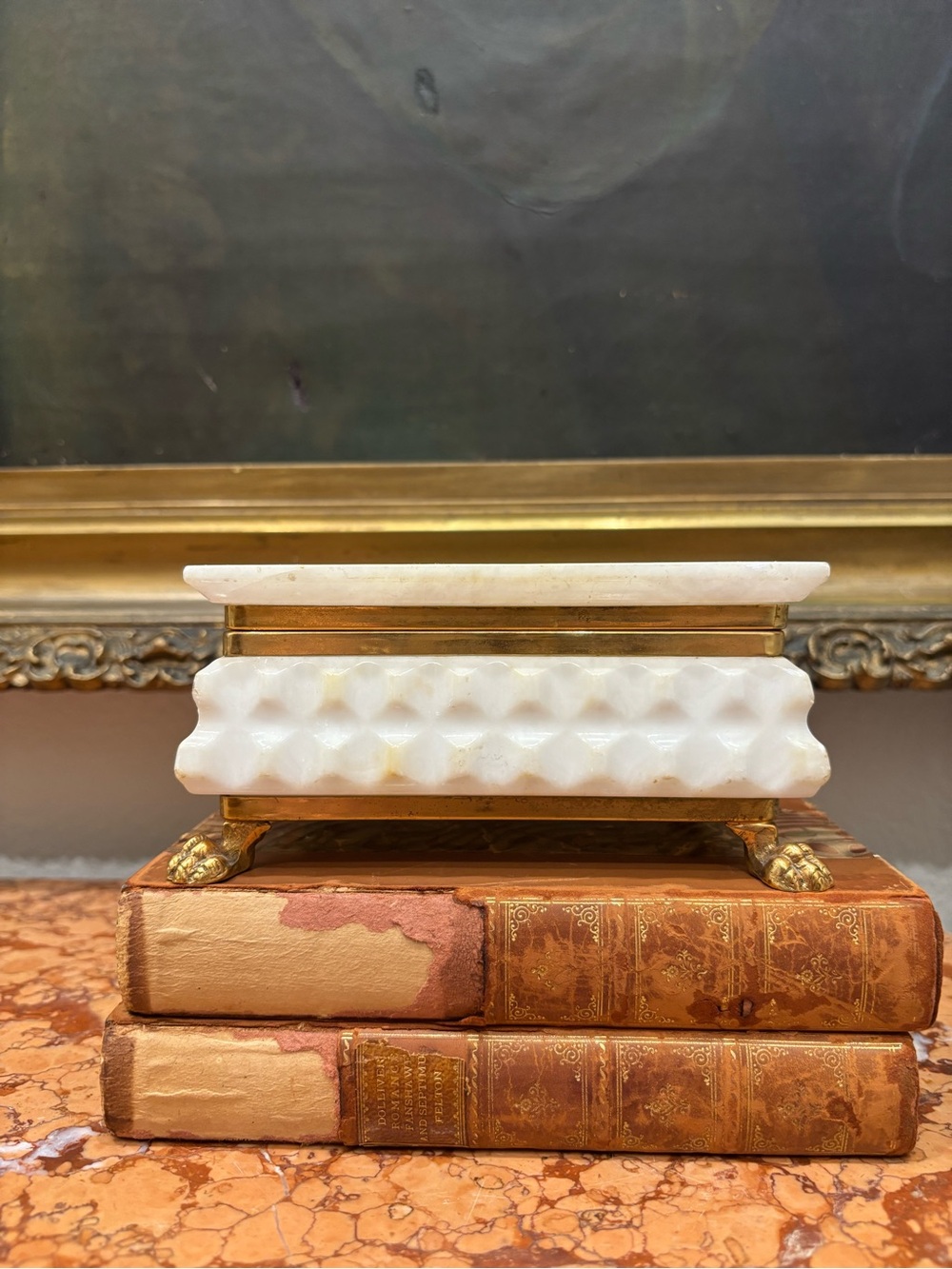 Alabaster Casket/Box with cut details and Brass Feet